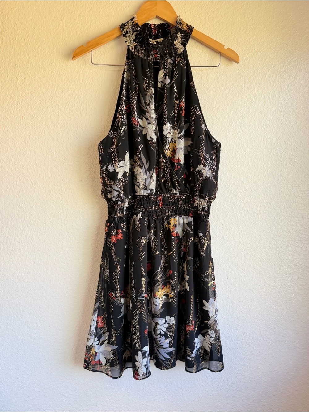 Bailey Blue Whimsy Black Floral Halter Dress with Gold Accents